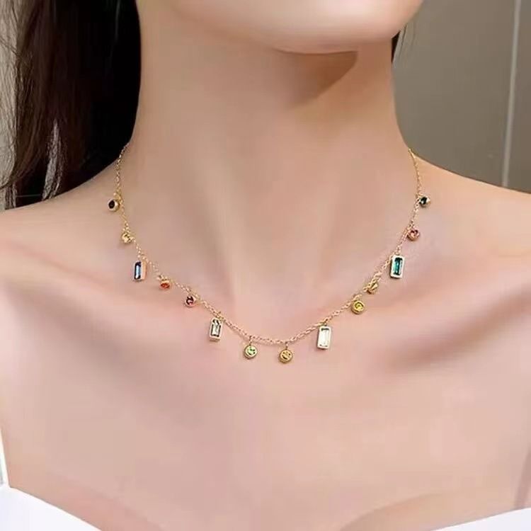Titanium Steel Necklace Women's Colorful Zircon Dopamine Collar Chain 2023 New Niche Design High-end Neckchain_ipsvogv.com