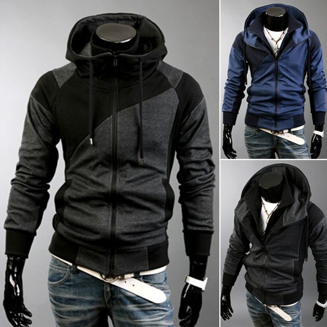 Men's Clothing Autumn and Winter New Men's Personality Colorblock Double Zipper Hooded Cardigan Slim Sweater 702_ipsvogv.com