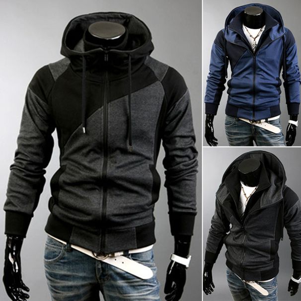 Men's Clothing Autumn and Winter New Men's Personality Colorblock Double Zipper Hooded Cardigan Slim Sweater 702_ipsvogv.com