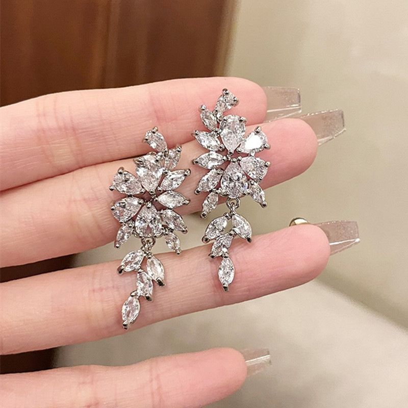 Cao Shi Luxurious Super Sparkling with Leaf Style Design Sense Long Wisteria Flower Exquisite Earrings for Women_ipsvogv.com