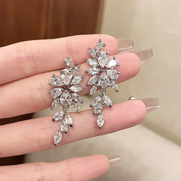 Cao Shi Luxurious Super Sparkling with Leaf Style Design Sense Long Wisteria Flower Exquisite Earrings for Women_ipsvogv.com