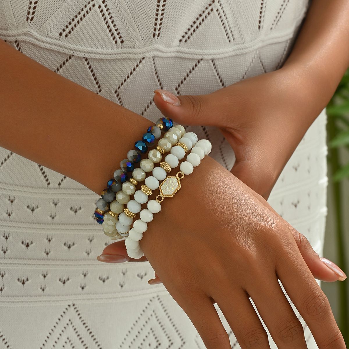 Minimalist women's bead four piece set, personalized inlaid crystal, niche design, geometric bracelet_ipsvogv.com