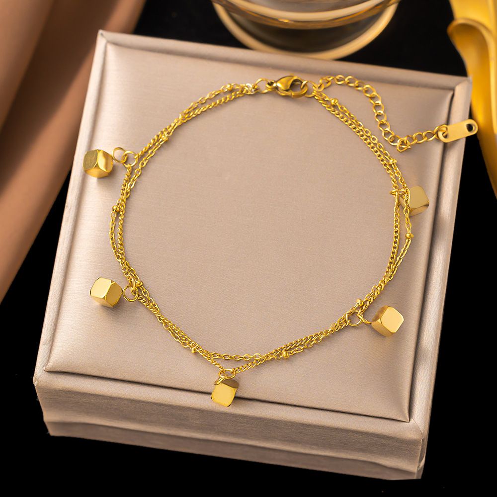 Double Layer Square 2024 New Trendy Bare Forest Series Korean Version Chain Titanium Steel Foot Ring_ipsvogv.com