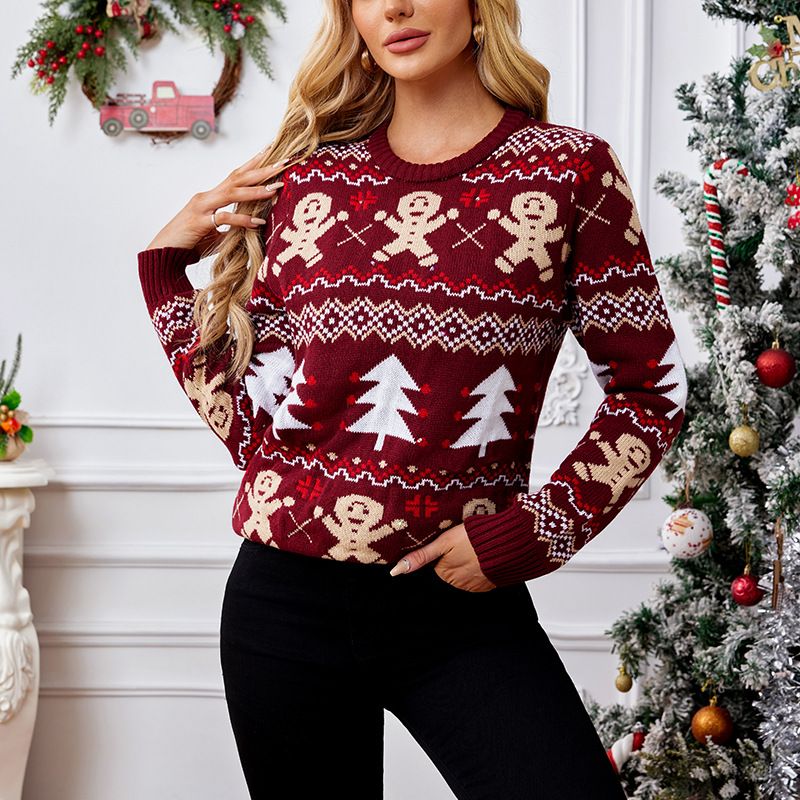 Women's Clothing new gingerbread man jacquard long sleeved sweater pullover casual top Christmas sweater_ipsvogv.com