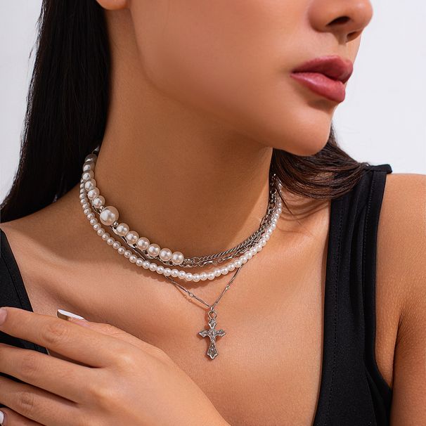 retro multi layer pearl handmade choker necklace cold personality rivet pendant necklace_ipsvogv.com