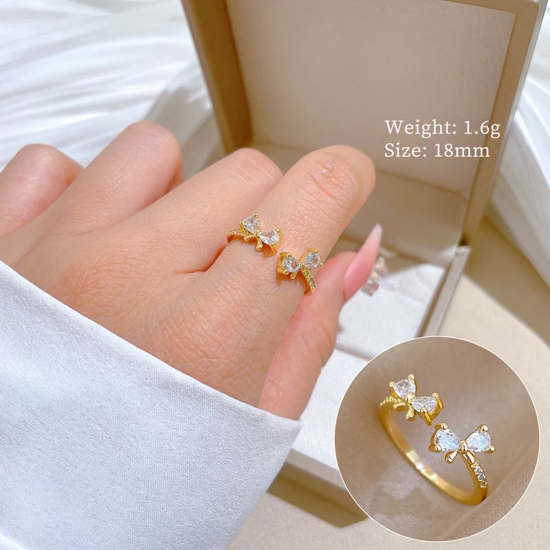 【 Real Gold 】 Bow Full Diamond with Adjustable Opening, Simple Handmade Ring, Couple's Pair Ring_ipsvogv.com