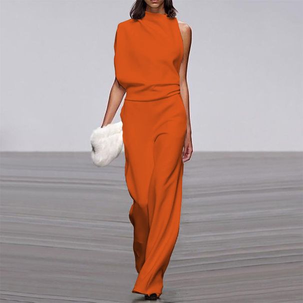 Women's clothing pants solid color one-shoulder pile collar jumpsuit hot selling hot dress pants_ipsvogv.com