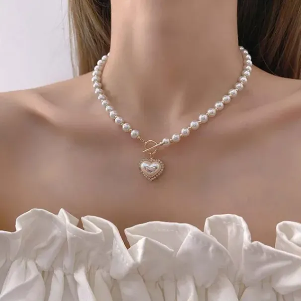Hot Sales Korean Elegant Pearl Beads For Women Ladies Fashion Rhinestone Shell Heart Pendent Necklace Choker Jewelry_ipsvogv.com