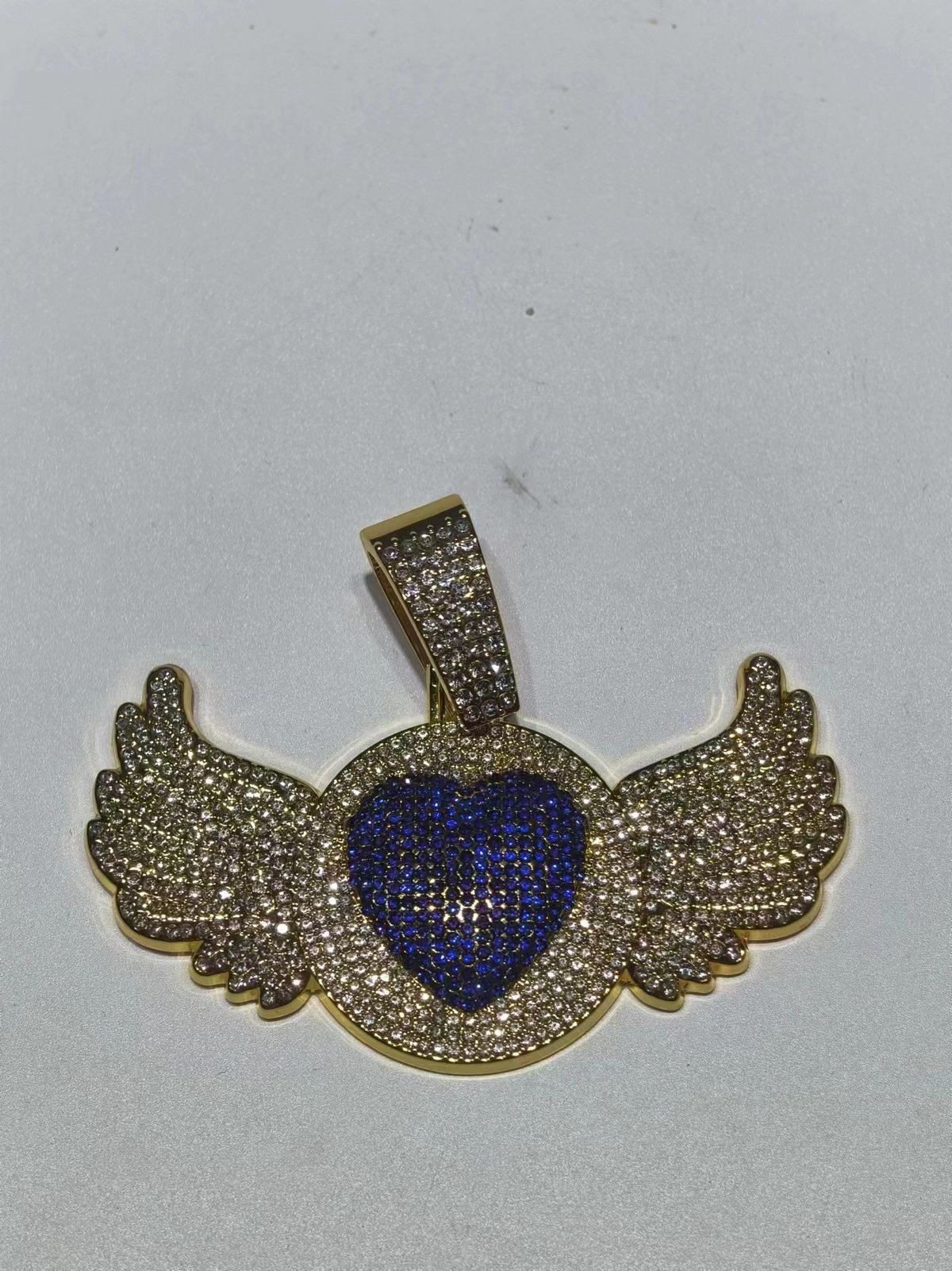 specializes In Fashion Men's Alloy Full Diamond Blue Love Angel Wing Pendant Hip-hop Necklace_ipsvogv.com