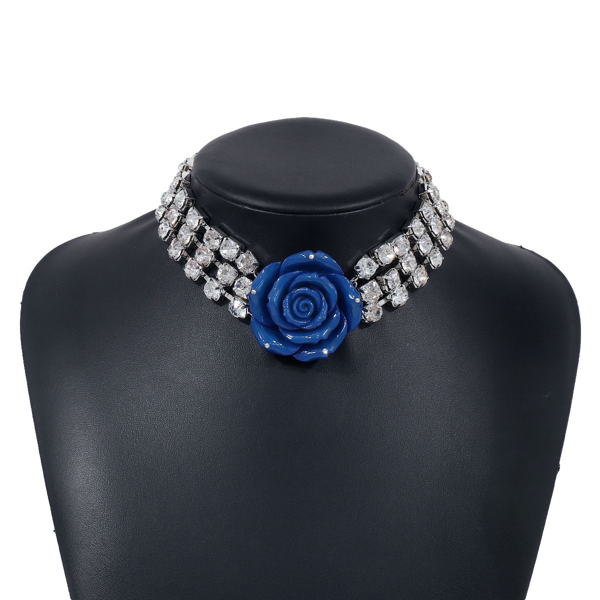N11570 exaggerated studded three-dimensional rose flower necklace with runway style and multiple rows of sparkling_ipsvogv.com