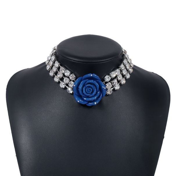 N11570 exaggerated studded three-dimensional rose flower necklace with runway style and multiple rows of sparkling_ipsvogv.com