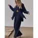 Women's Clothing long sleeved temperament commuter skin color linen solid color slit long shirt and wide leg pants set_ipsvogv.com