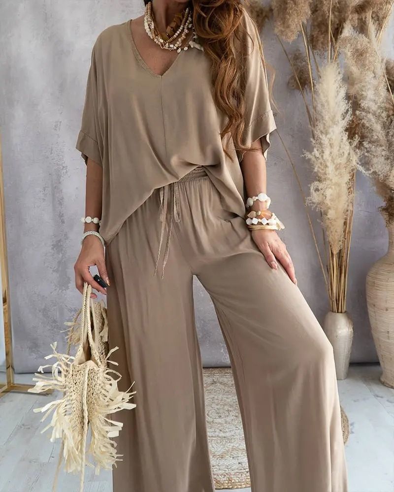 Women's Clothing V neck bat sleeve top casual pants set_ipsvogv.com