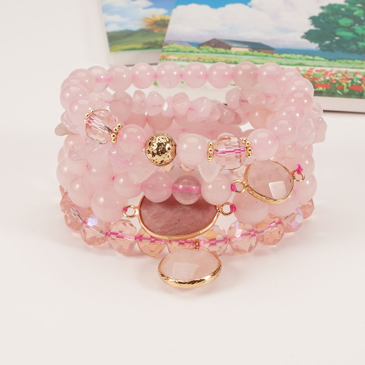 Across The Bohemian Stacking Style Natural Stone Set Rose Quartz Green Aventurine Volcanic Stone Composition_ipsvogv.com