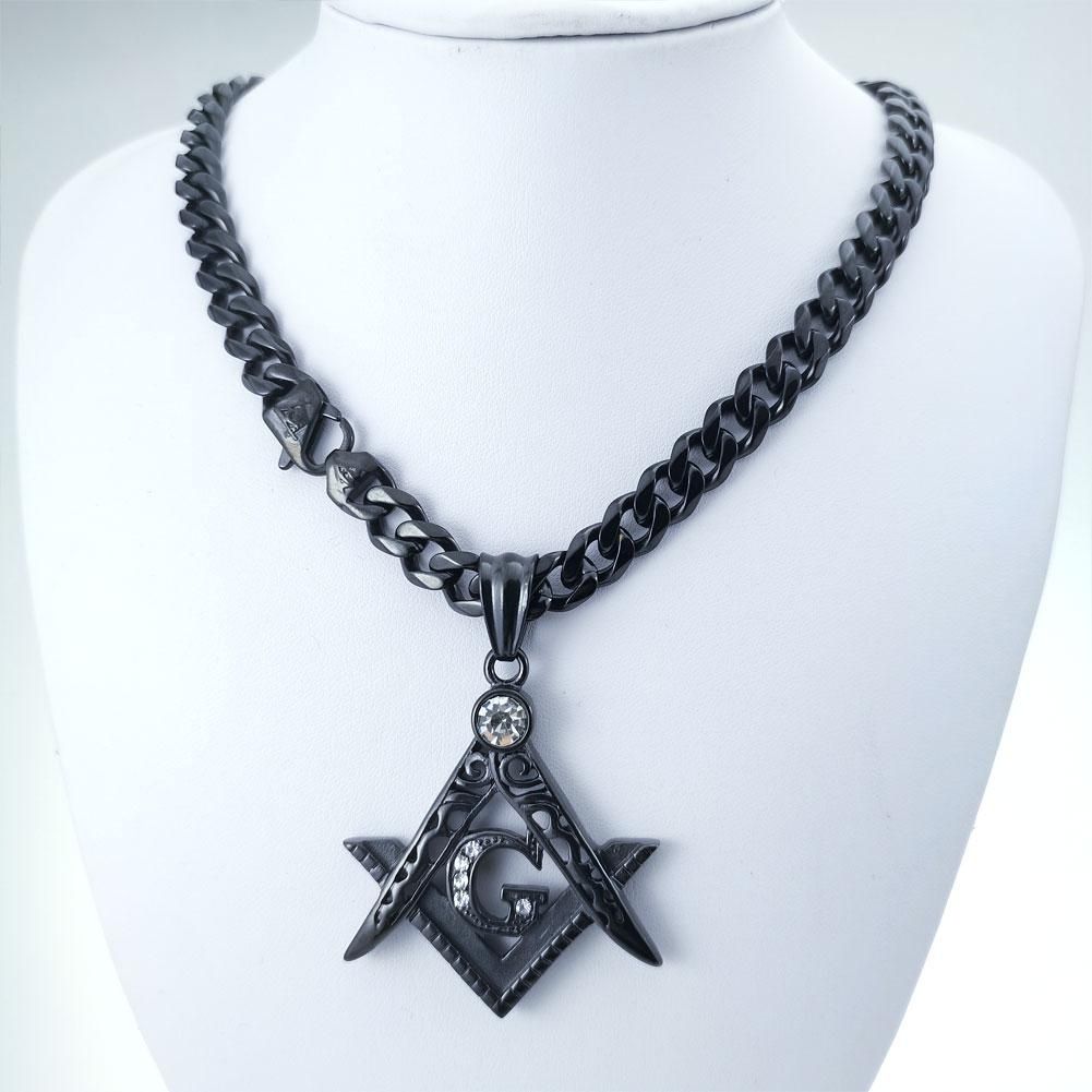 Rhinestone Pendant Necklace 9mm Width Black Mens Women Freemasonry Masonic Mason Stainless Steel_ipsvogv.com