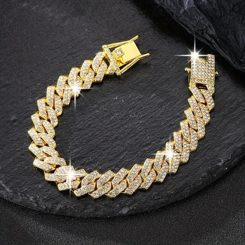 New Classic 14mm Cuban Chain Alloy Full Diamond Hip Hop Style Gold Plated Necklace For Men And Women Bracelet_ipsvogv.com