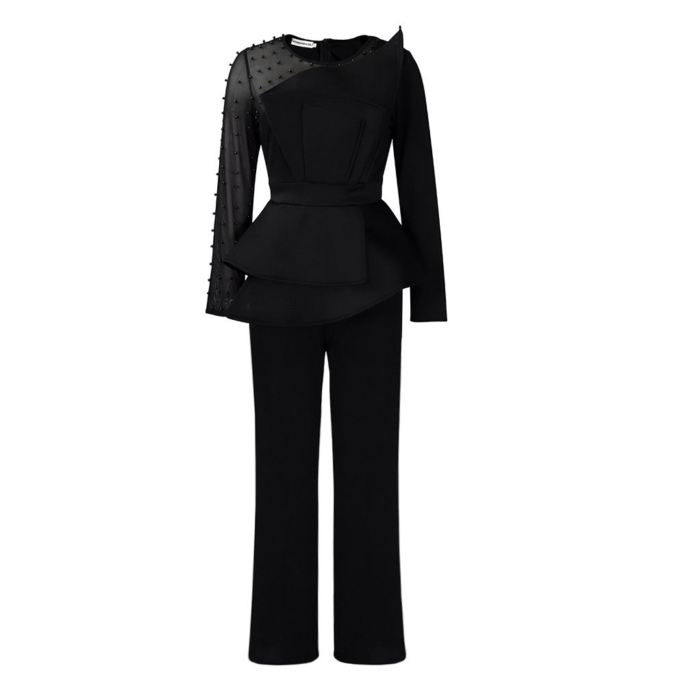 Women's Clothing long-sleeved temperament mesh stitching beading slimming banquet large size_ipsvogv.com