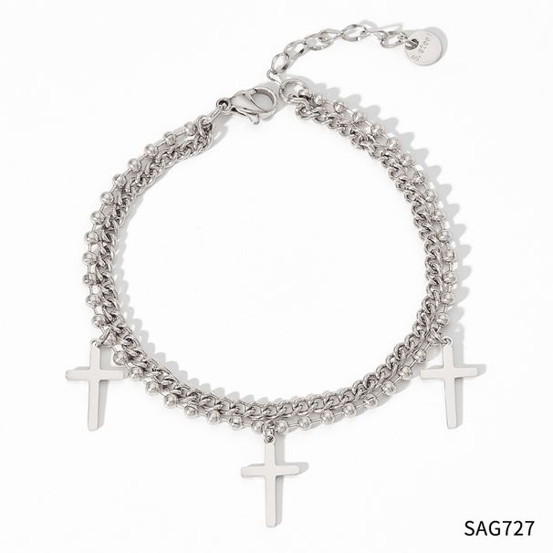 Hip Hop Cross Two Piece Set Flat Stitching Bead Necklace Double Layer Stacking Necklace Bracelet Stainless Steel Men And Women Trend_ipsvogv.com