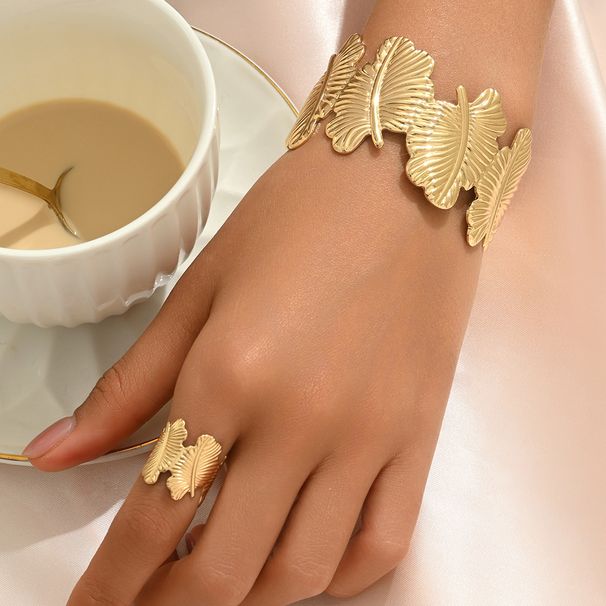 Fashionable OL Women's Bracelet Ring Set, Personalized Metal Leaf Bracelet, Versatile, High End, Handmade for Women_ipsvogv.com