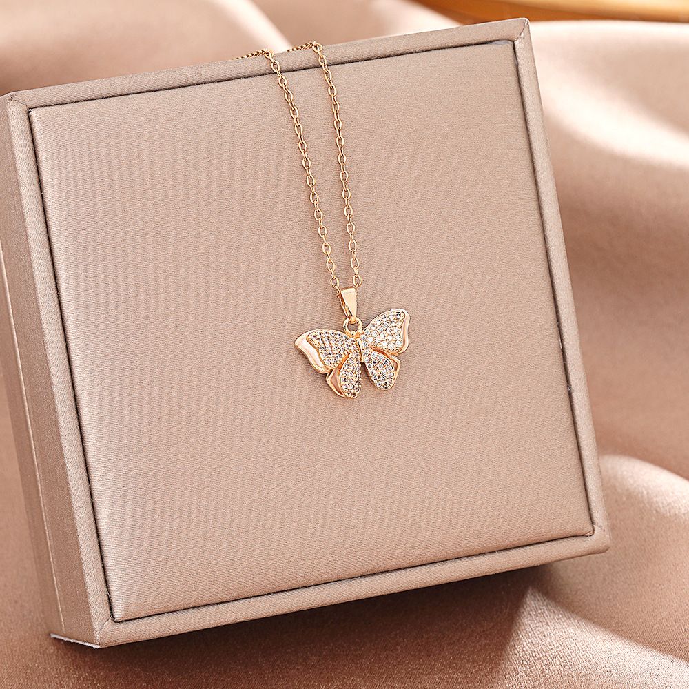 Korean Version Of Light Luxury Diamond Inlaid Butterfly Titanium Steel Necklace, Female Niche Design, Collarbone Chain,_ipsvogv.com