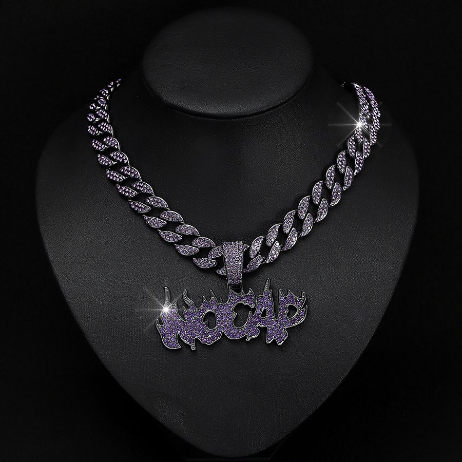 Dark Halloween Flame Letter NOCAP Purple Diamond Pendant Hip Hop Personalized Men's Necklace_ipsvogv.com