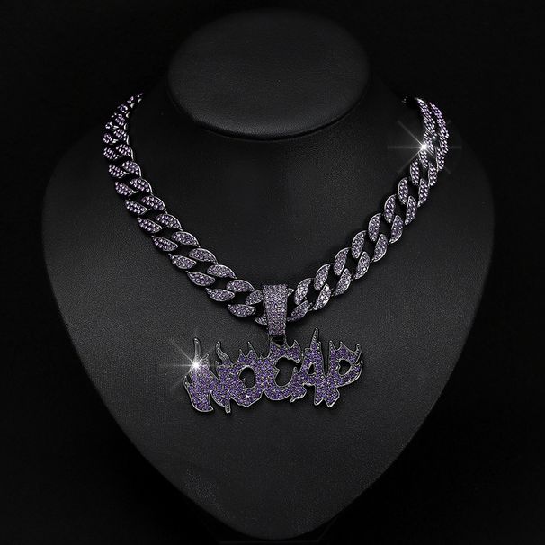 Dark Halloween Flame Letter NOCAP Purple Diamond Pendant Hip Hop Personalized Men's Necklace_ipsvogv.com