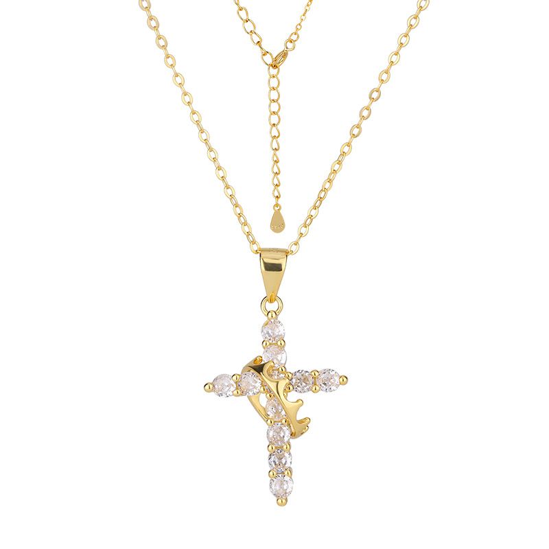 S925 Sterling Silver Crown Cross Necklace Pendant Personality Rotating Circle Clavicle Chain_ipsvogv.com