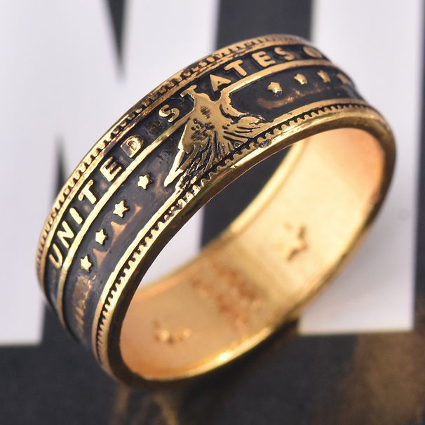 The Treaty Between United States And The Delaware Tribe: Howling Wolf Carving, Dollar Coin Pattern, Men's Ring_ipsvogv.com