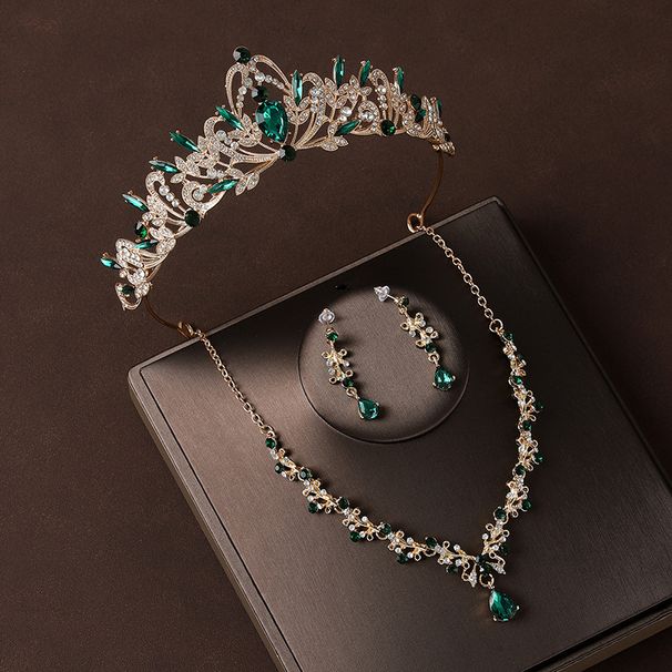 Crown headdress three piece set Baroque green diamond crown necklace earrings high end bridal evening dress jewelry set_ipsvogv.com
