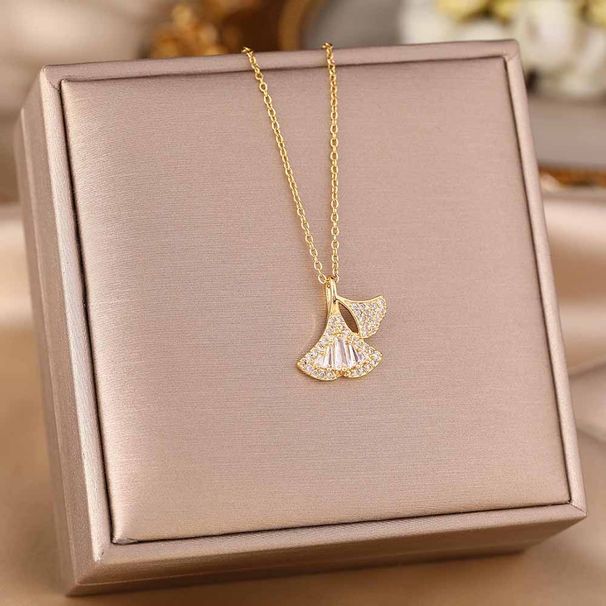 High End Feeling Full Diamond Ginkgo Leaf Necklace, Women's Instagram Style Mini Skirt, Fan-shaped Pendant, Titanium_ipsvogv.com