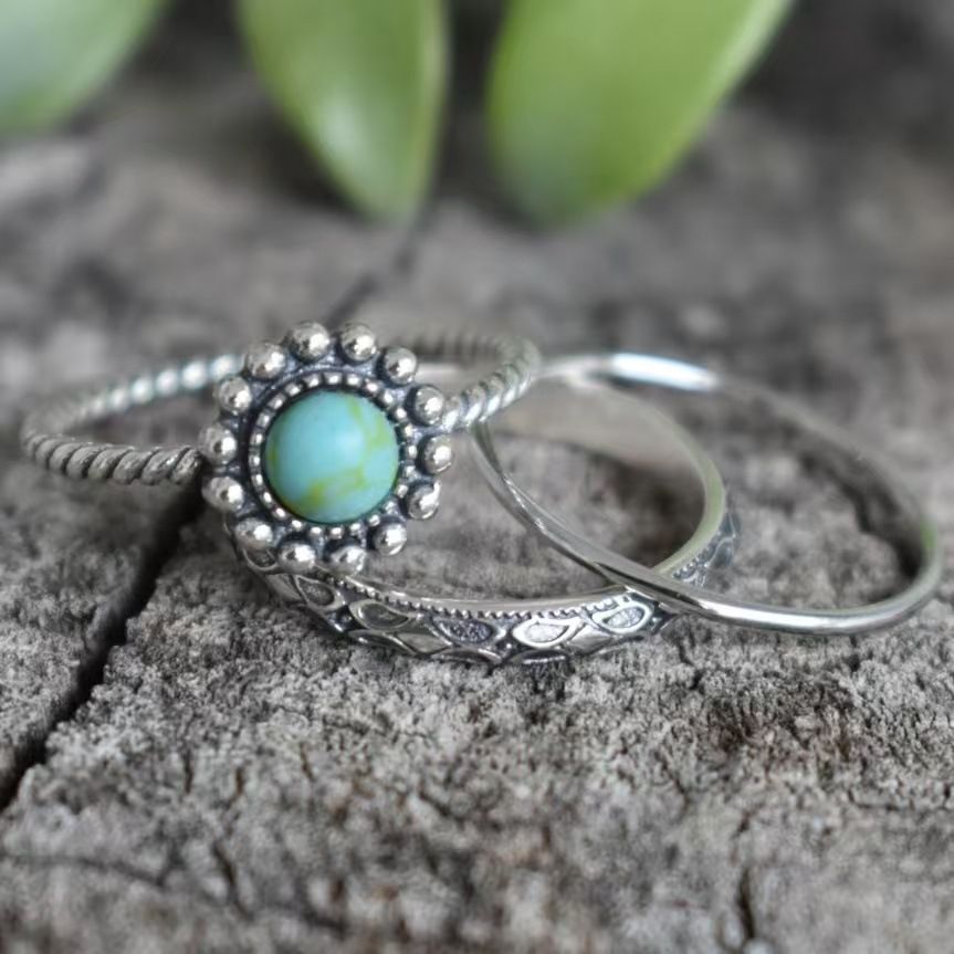 Sanjie 2025 New Creative Set Thai Silver Craftsmanship Holder Elliptical Inlaid Turquoise Ring_ipsvogv.com