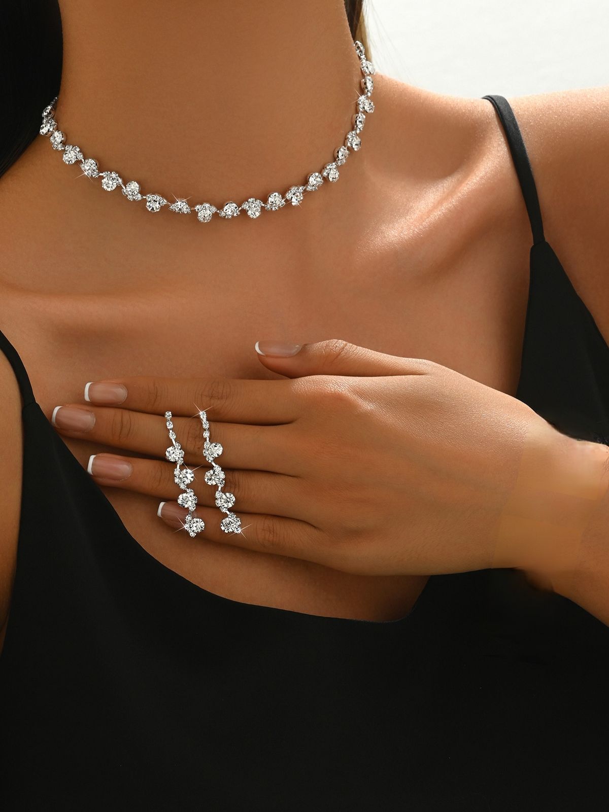 2025 Jewelry Korean Style Fashion Bride Accessories Silver Inlaid Necklace Earrings Bracelet Ring Four-Piece Set_ipsvogv.com