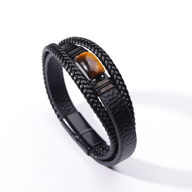 Tiger Eye For Men Multi-layer Rope Leather Stone Bead Magnetic Clasp Bracelet Men's Jewelry_ipsvogv.com