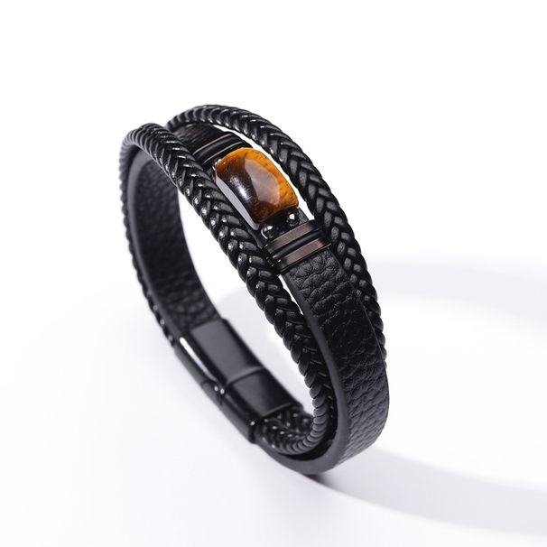 Tiger Eye For Men Multi-layer Rope Leather Stone Bead Magnetic Clasp Bracelet Men's Jewelry_ipsvogv.com