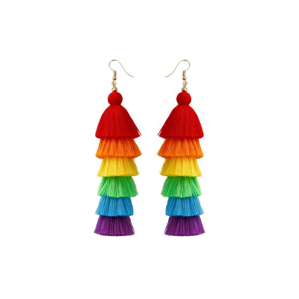 Bohemian holiday style tassel earrings colorful rainbow retro long slim handmade earrings_ipsvogv.com