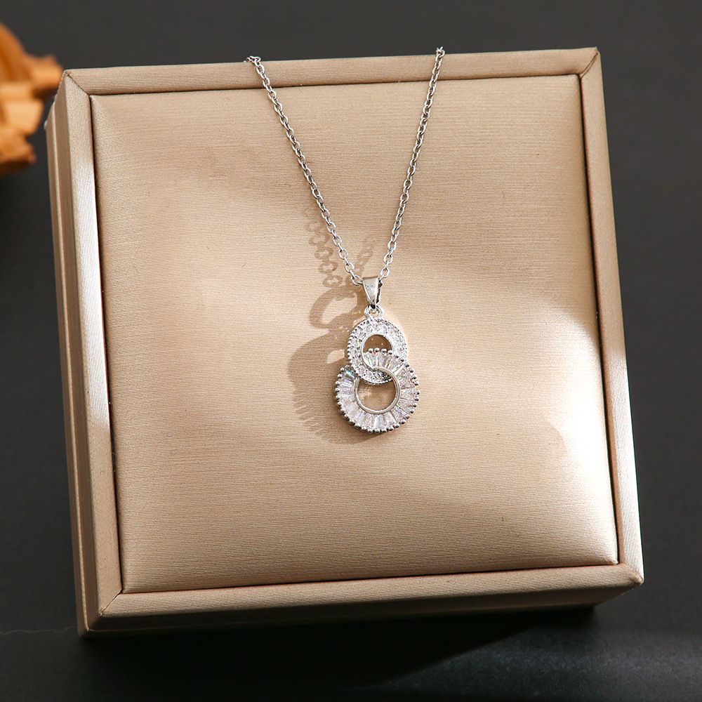 Light Luxury Temperament, Double Ring Titanium Steel Necklace, Women's Personality, Fashion, Versatile, Zircon Inlaid_ipsvogv.com
