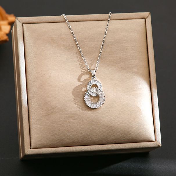 Light Luxury Temperament, Double Ring Titanium Steel Necklace, Women's Personality, Fashion, Versatile, Zircon Inlaid_ipsvogv.com