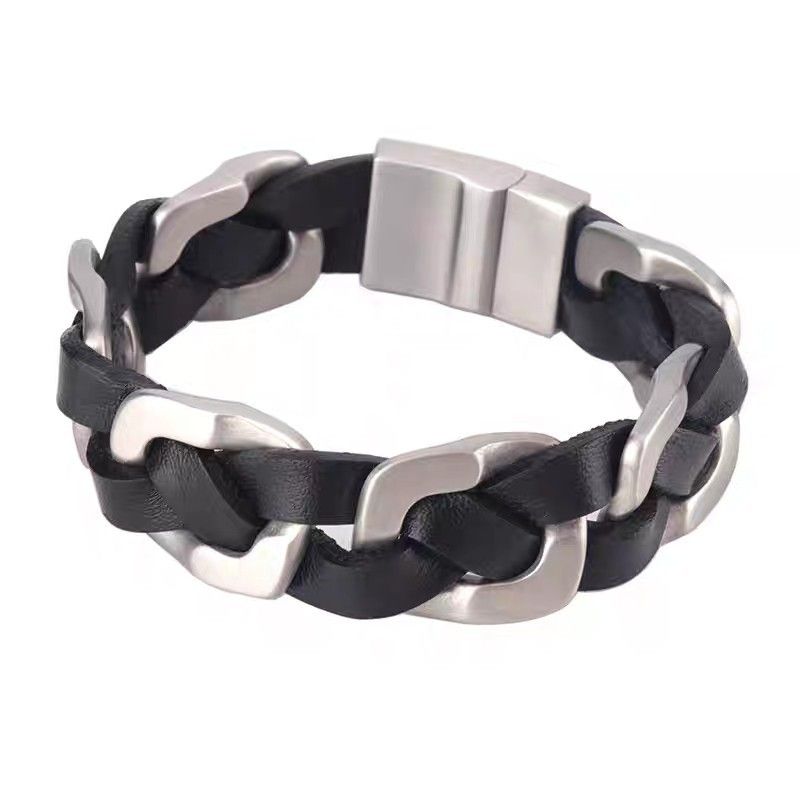 Black Genuine Leather Woven Bracelet For Men, Extra Wide Bold High Street Mingke Chain Titanium Steel Trendy Brand_ipsvogv.com