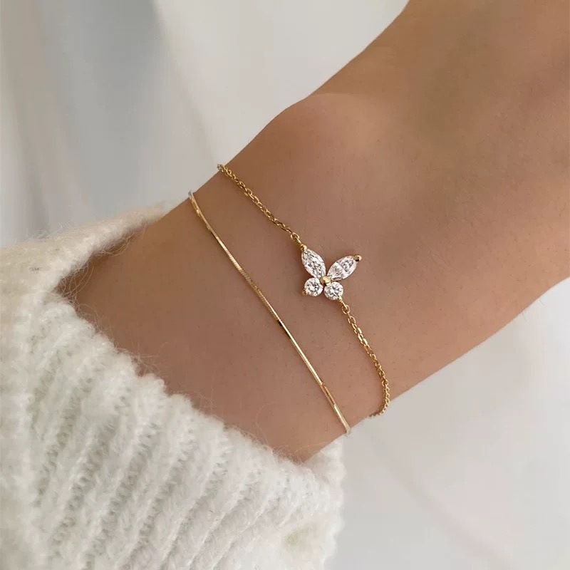 S Pure Silver Plated 14K Gold Butterfly Inlaid Diamond Bracelet For Women's Niche Design, Simple, Light Luxury, High-end_ipsvogv.com
