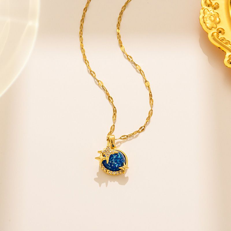 New Blue Diamond Planet Necklace, Titanium Steel, Simple Elegant Korean Edition, Versatile, Trendy Internet Celebrity,_ipsvogv.com