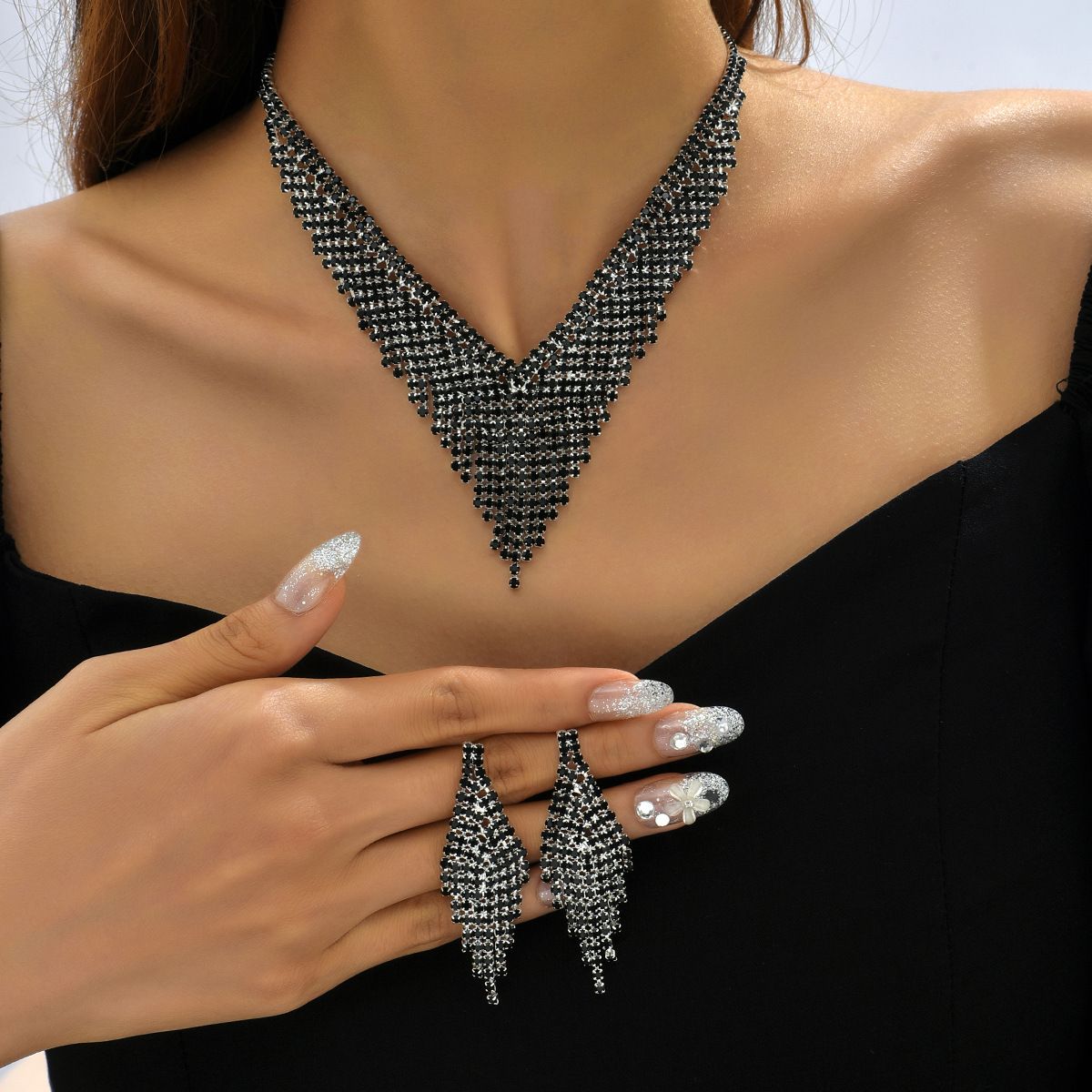 Women’s Jewelry Set Fashion Women's Jewelry Fashion Tassel Black Crystal Stone Silver Necklace Earrings 2 Piece Set_ipsvogv.com