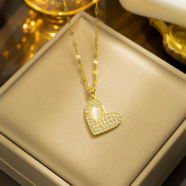 Micro Inlaid Cat's Eye Stone Full Of Diamonds, Love Color Resistant Titanium Steel Necklace, Simple And Fashionable_ipsvogv.com