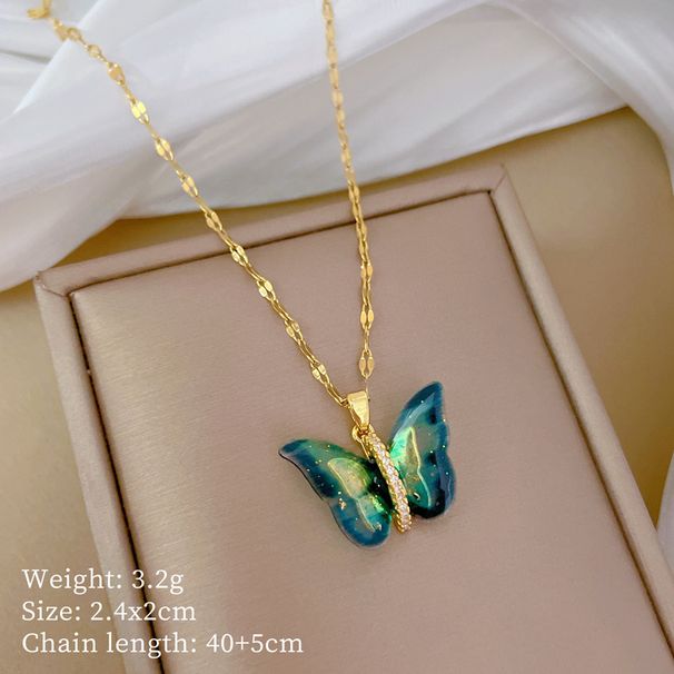 【 】 Dazzling Blue Butterfly Light Luxury Charm Gorgeous Full Diamond Necklace Women's Versatile Clavicle Titanium Steel_ipsvogv.com