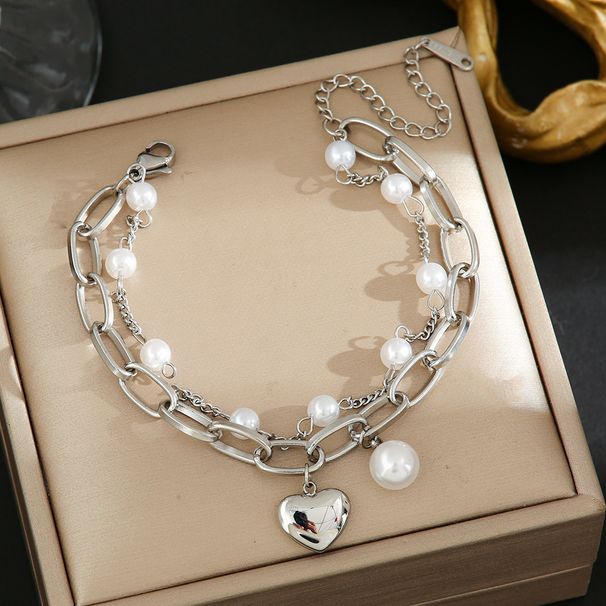 Japanese Korean Pearl Heart Bracelet, Women's Titanium Steel Thick And Thin Double-layer Mixed Chain, Electroplated_ipsvogv.com