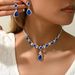 Set with blue square water droplet necklace, simple niche, light luxury design, earrings, versatile and personalized_ipsvogv.com