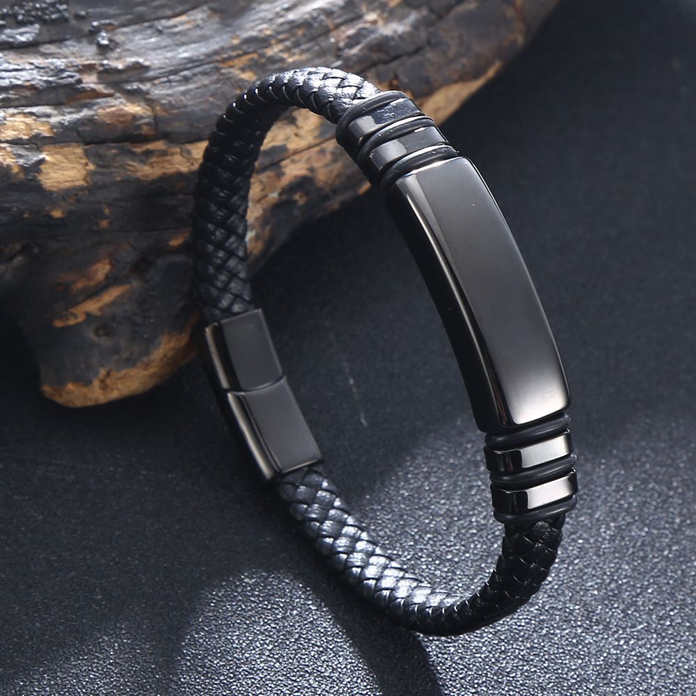 High Quality Black Woven Leather Stainless Steel Men's Bracelet With Simple And Glossy Engraved Letters_ipsvogv.com