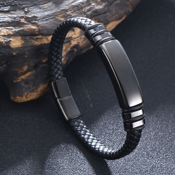 High Quality Black Woven Leather Stainless Steel Men's Bracelet With Simple And Glossy Engraved Letters_ipsvogv.com