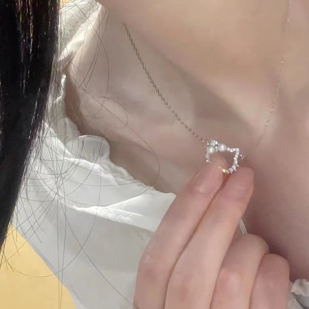 Cartoon Kitty cat cartoon Pearl bow cute elegant diamond pendant gift for girlfriend girlfriends necklace_ipsvogv.com