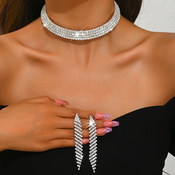 Women’s Jewelry Set Fashion Jewelry Luxury Women's Party Full Diamond Rhinestone Four Row Necklace Earring Set_ipsvogv.com
