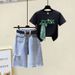 Women's Clothing fashion color matching embroidery short-sleeved T-shirt raw edge hip-wrapped A-line high waist denim skirt_ipsvogv.com